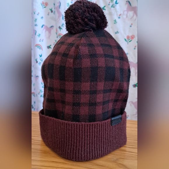 NWOT Y2K  Coach Maroon Plaid Wool Blend Preppy Casual Beanie Hat Cap w/ PomPom - Picture 1 of 5
